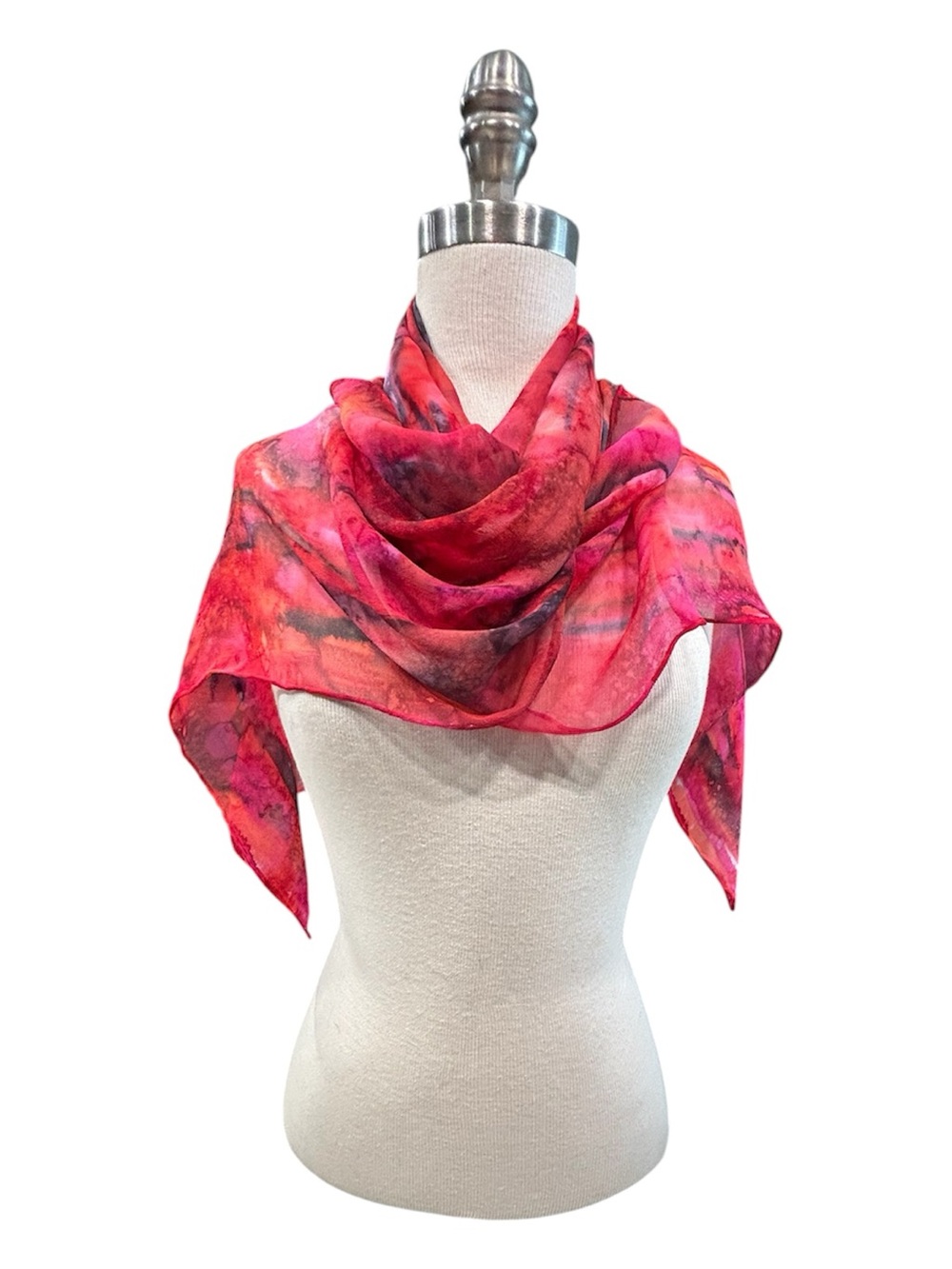 Hand Painted Scarlet, Poppy, Fuchsia, Black Silk Scarf NWT